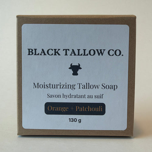 A square brown kraft paper box of Black Tallow Co. Moisturizing Tallow Soap, Orange + Patchouli scent, on a light beige background.