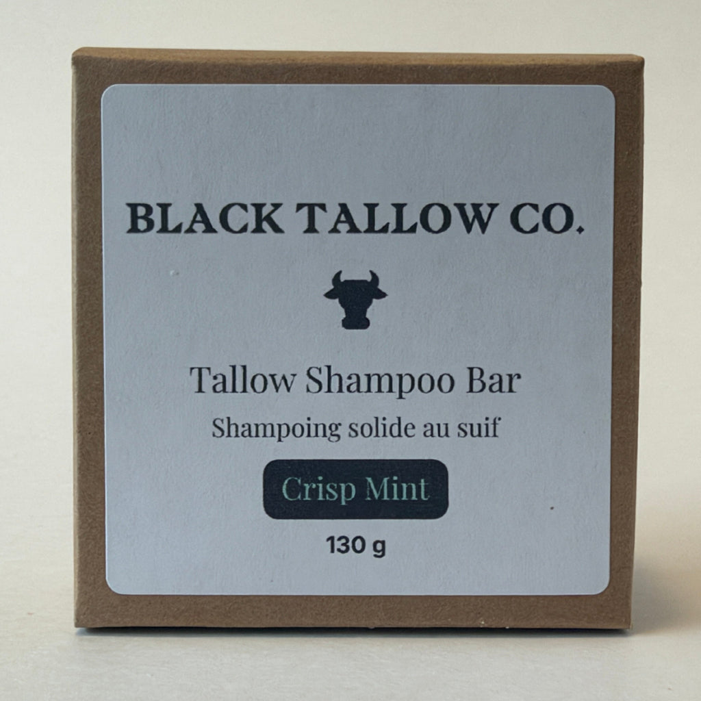 A square brown cardboard box for Black Tallow Co. Tallow Shampoo Bar in Crisp Mint scent, featuring a light gray label with black text and a black bull logo.